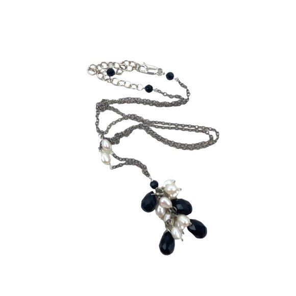 Elegant Black Agate and White Freshwater Pearl Teardrop Pendant Necklace With Ad - Picture 1 of 9